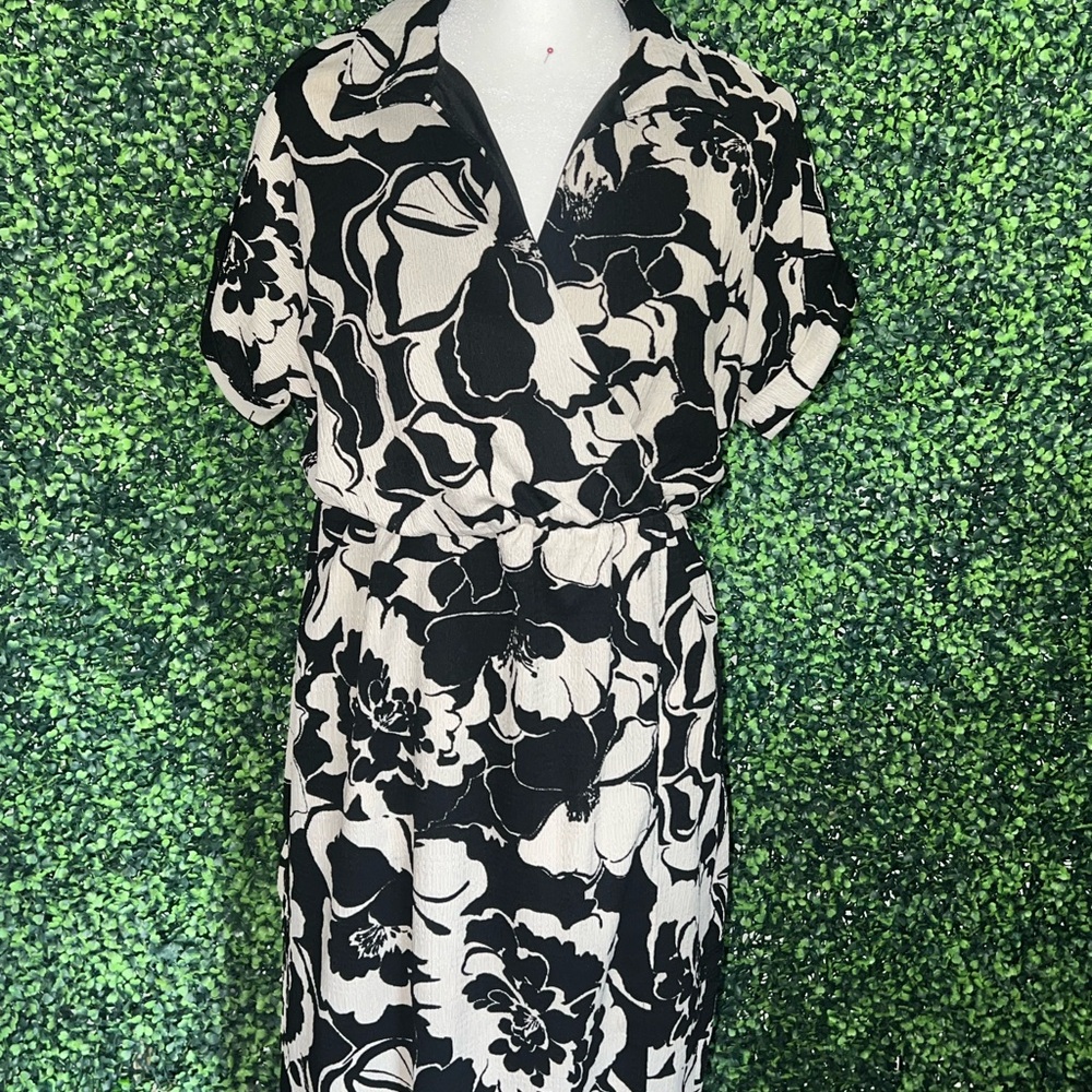Black and ivory floral print midi dress v neck
